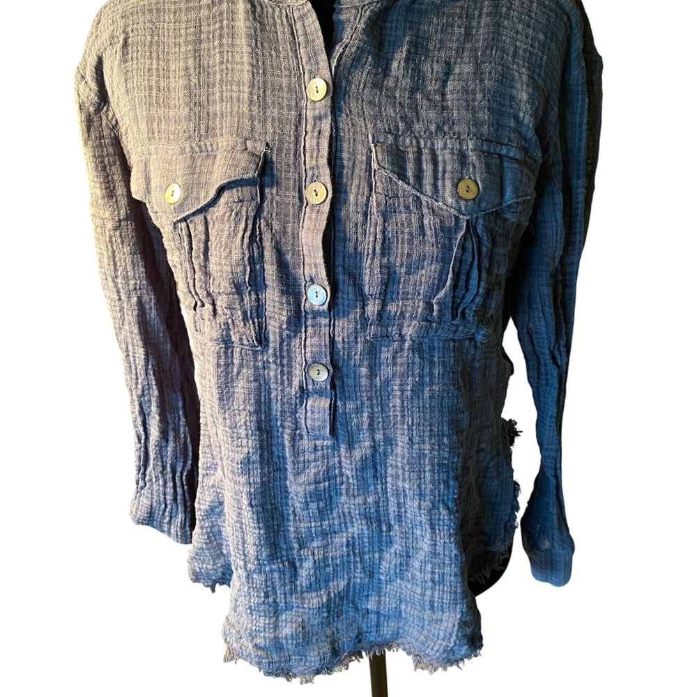 Free People Blue Button-Up Textured Shirt